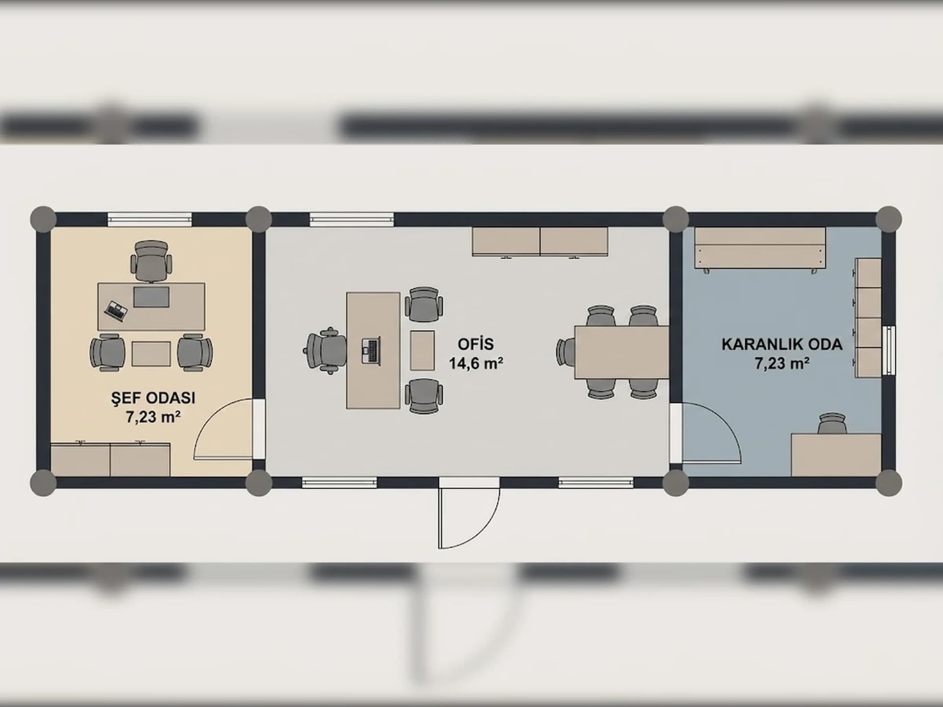 30 m2 konteyner ofis ev planı yerleşim şeması
