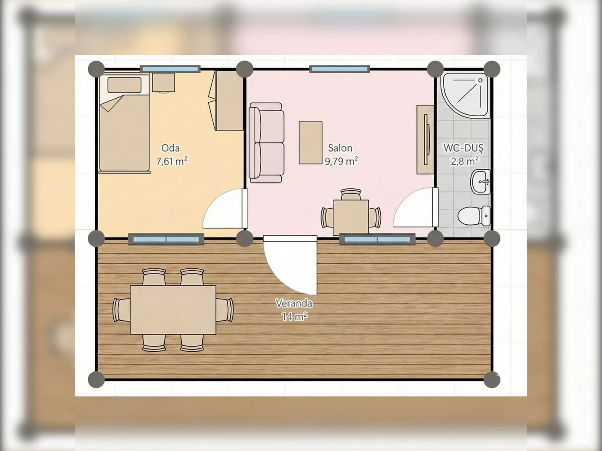 21 m2 prefabrik ev planı – veranda dahil küçük ev yerleşim planı