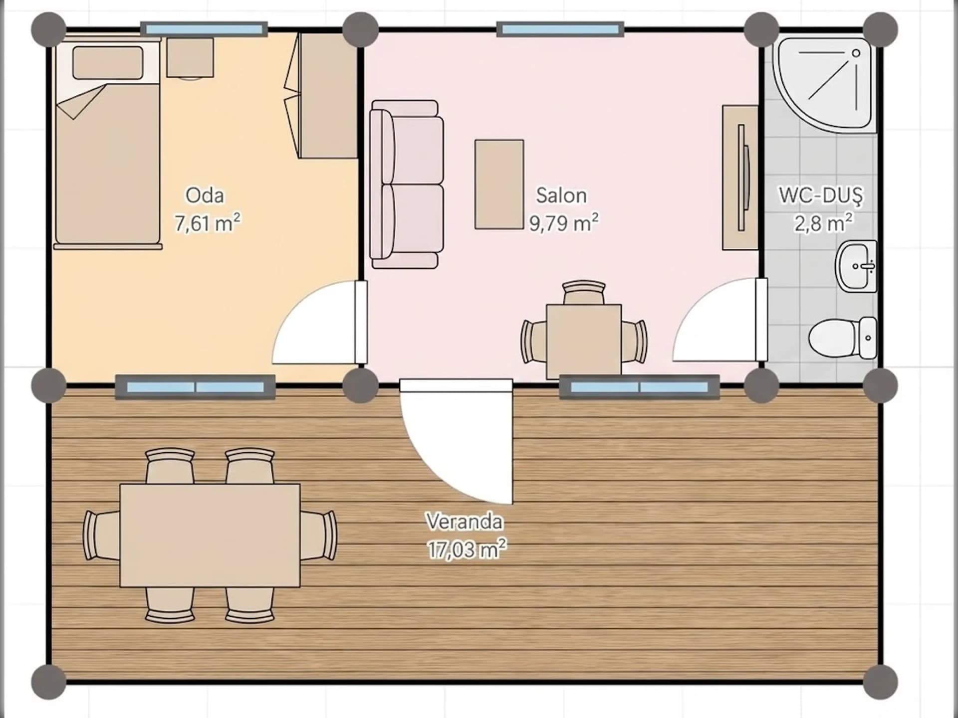 21 m2 konteyner ev veranda planı yerleşim şeması