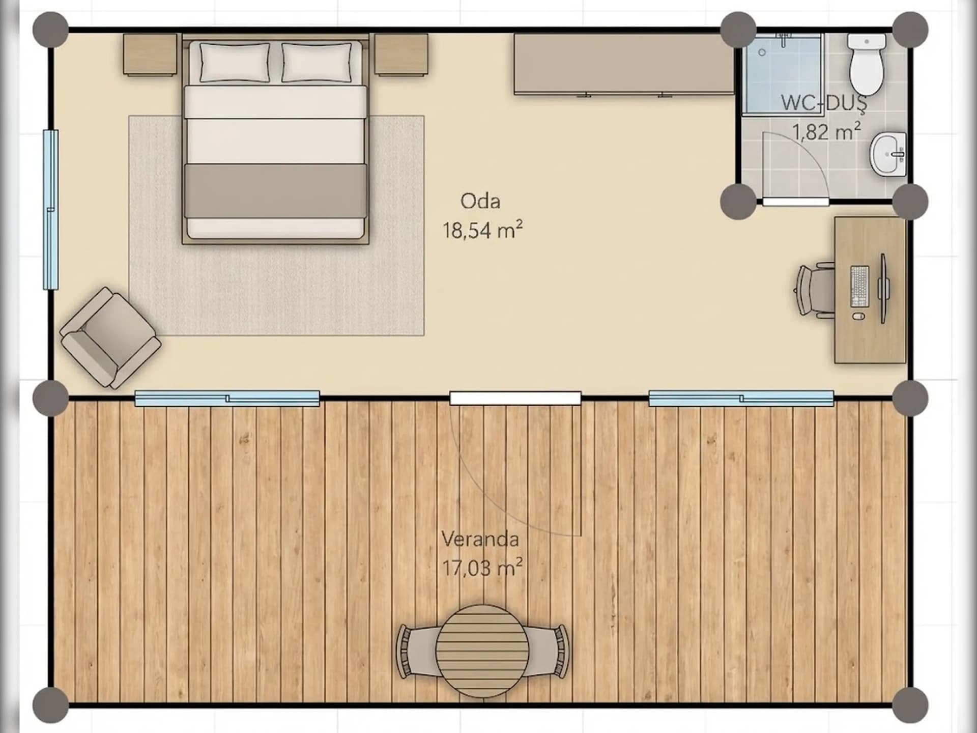 30 m2 konteyner ev planı 24 m2 veranda yerleşim