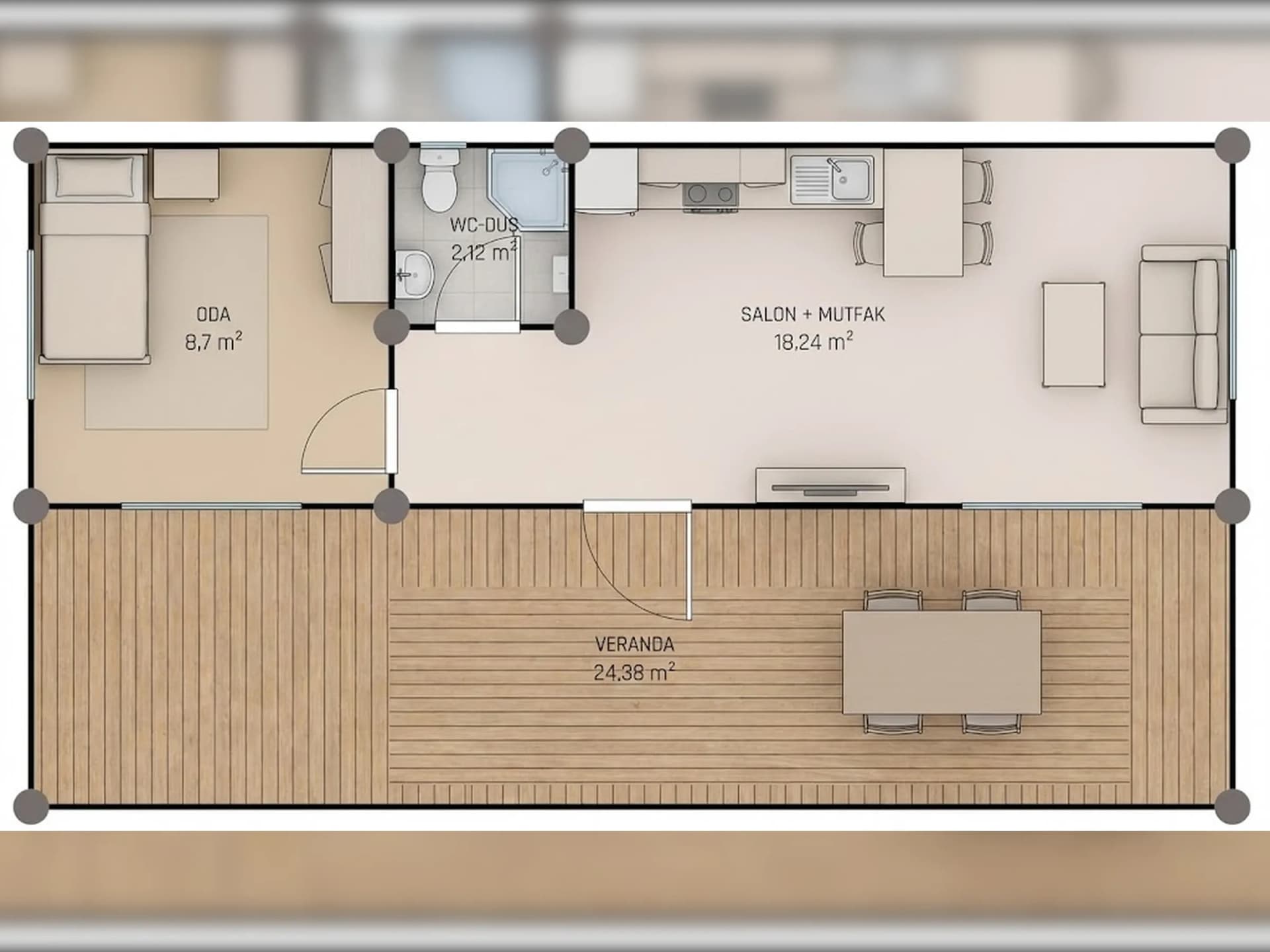 30m2 konteyner ev planı 25m2 verandalı açık ahşap teras yerleşim planı çizimi