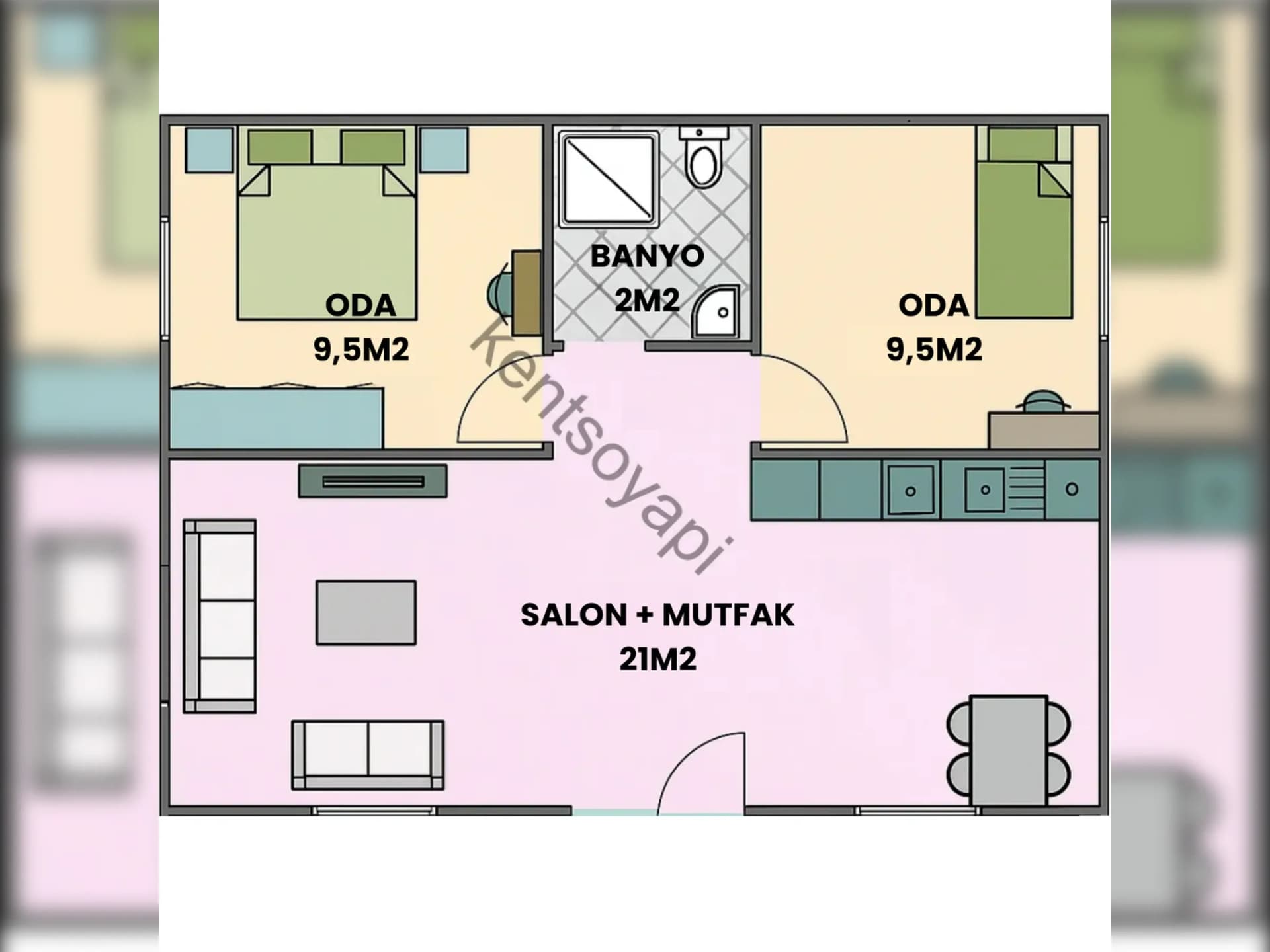 42m2 2+1 konteyner ev planı oda yerleşimi