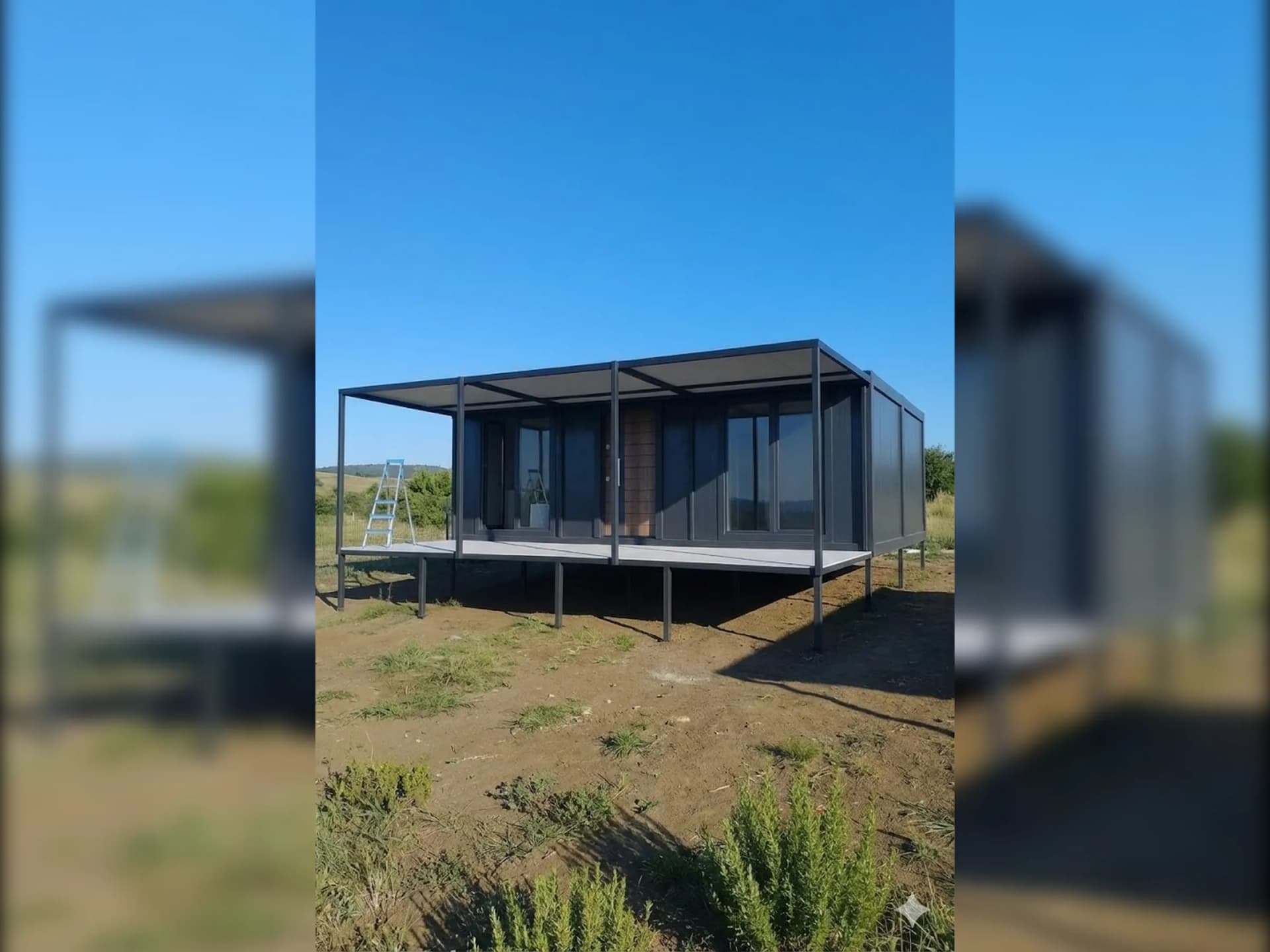 42m2 konteyner ev 18m2 veranda antrasit gri çelik kapı dış görünüm