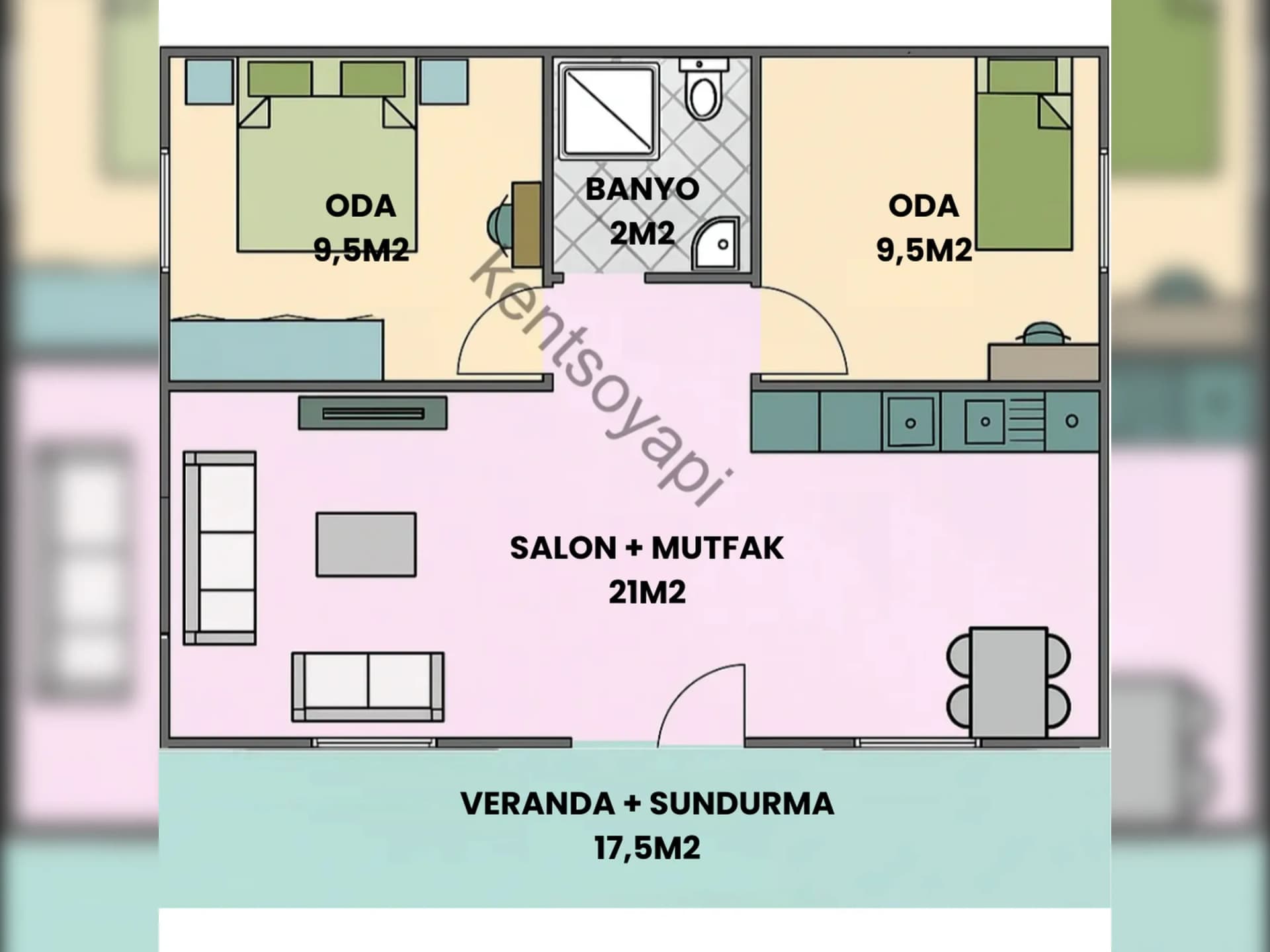60 m2 konteyner ev planı yerleşim şeması