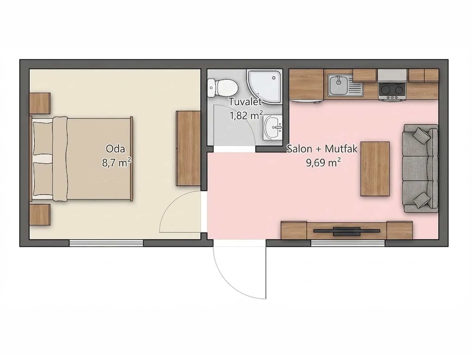 21 m2 konteyner ev planı beşik çatı koyu ahşap yerleşim