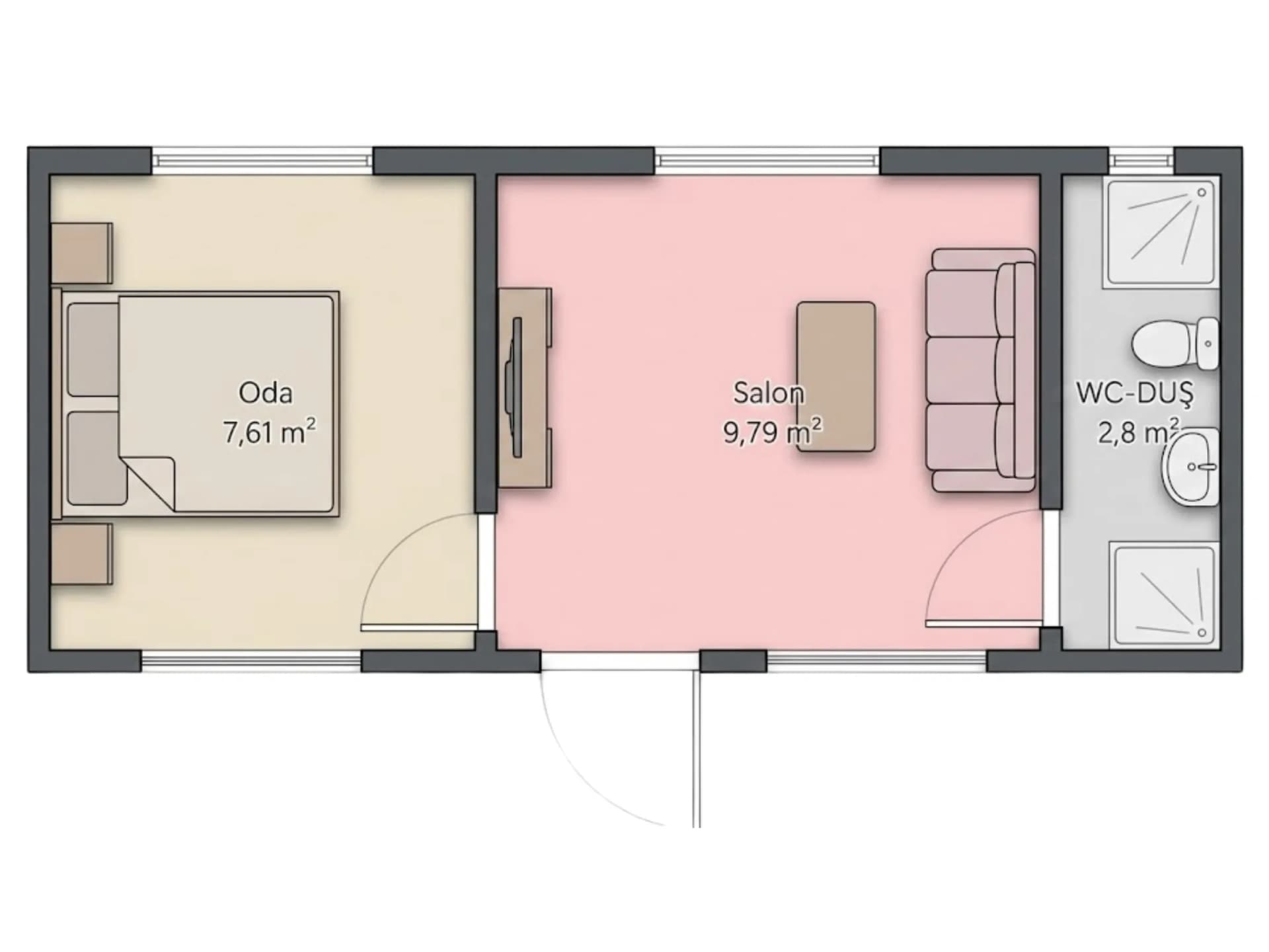21 m2 konteyner ev planı yerleşim şeması