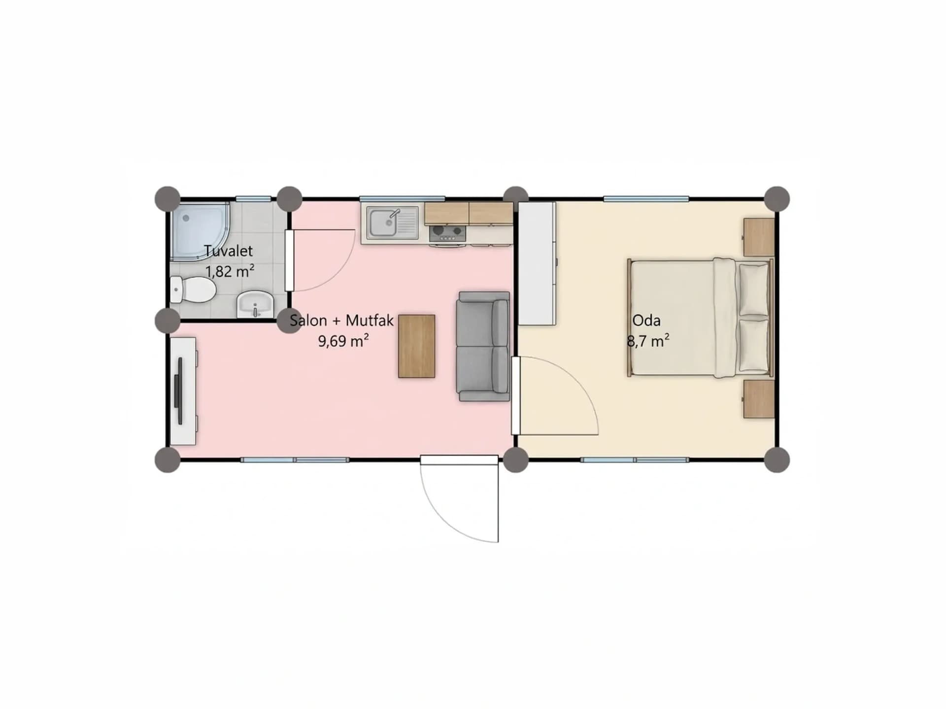 21 m2 konteyner ev planı yerleşim şeması