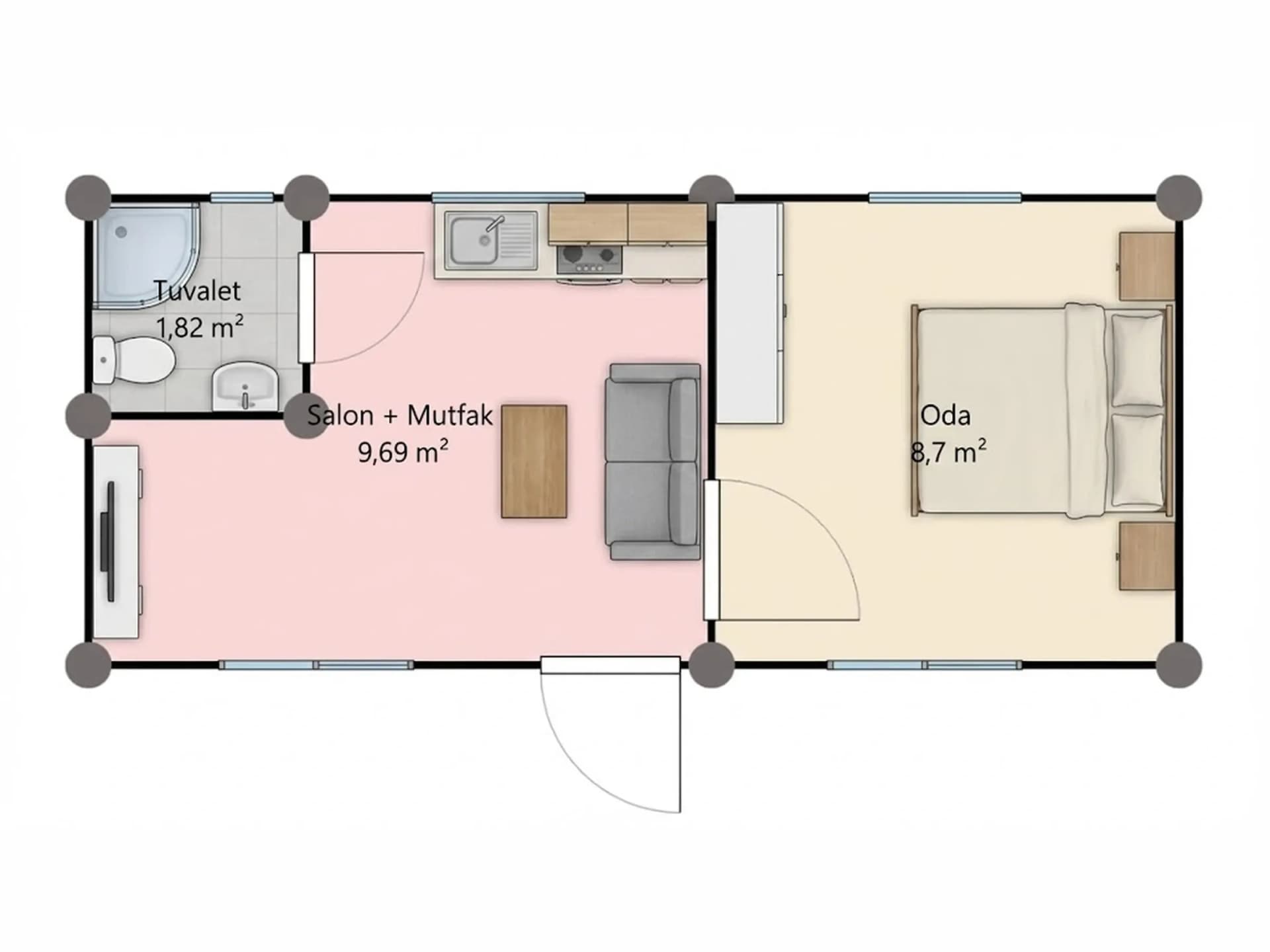 21 m2 konteyner ev planı yerleşim şeması