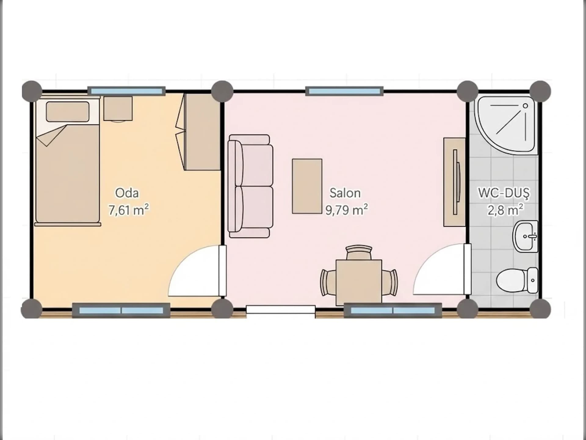 21m2 konteyner ev planı 7x3 tek eğimli çatı fransız kapılı yerleşim planı