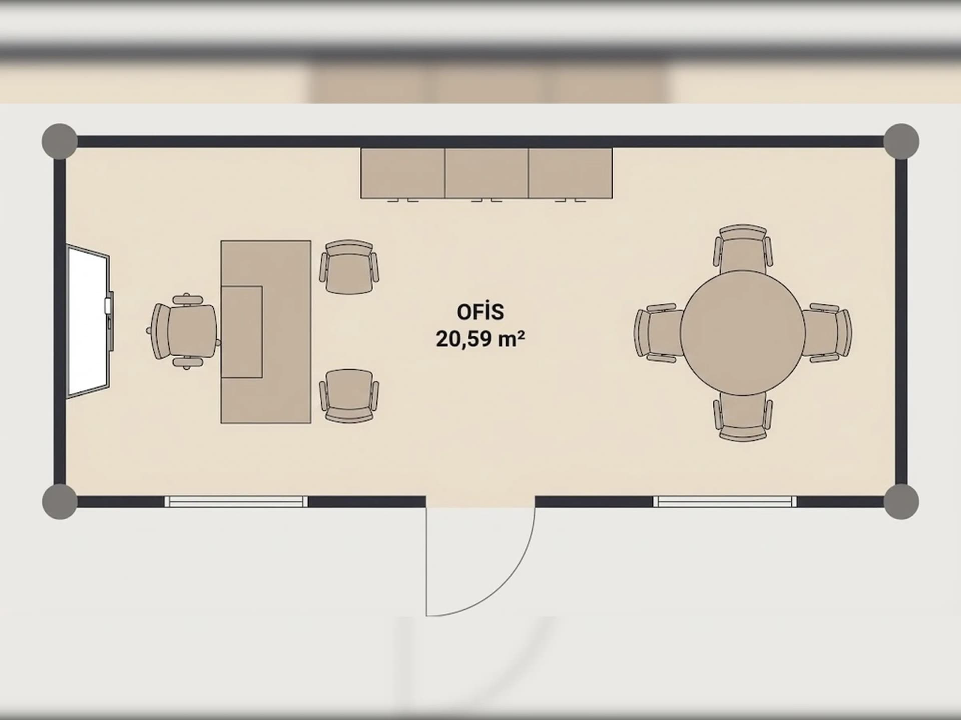 21 m2 konteyner ofis ev planı tek oda yerleşim