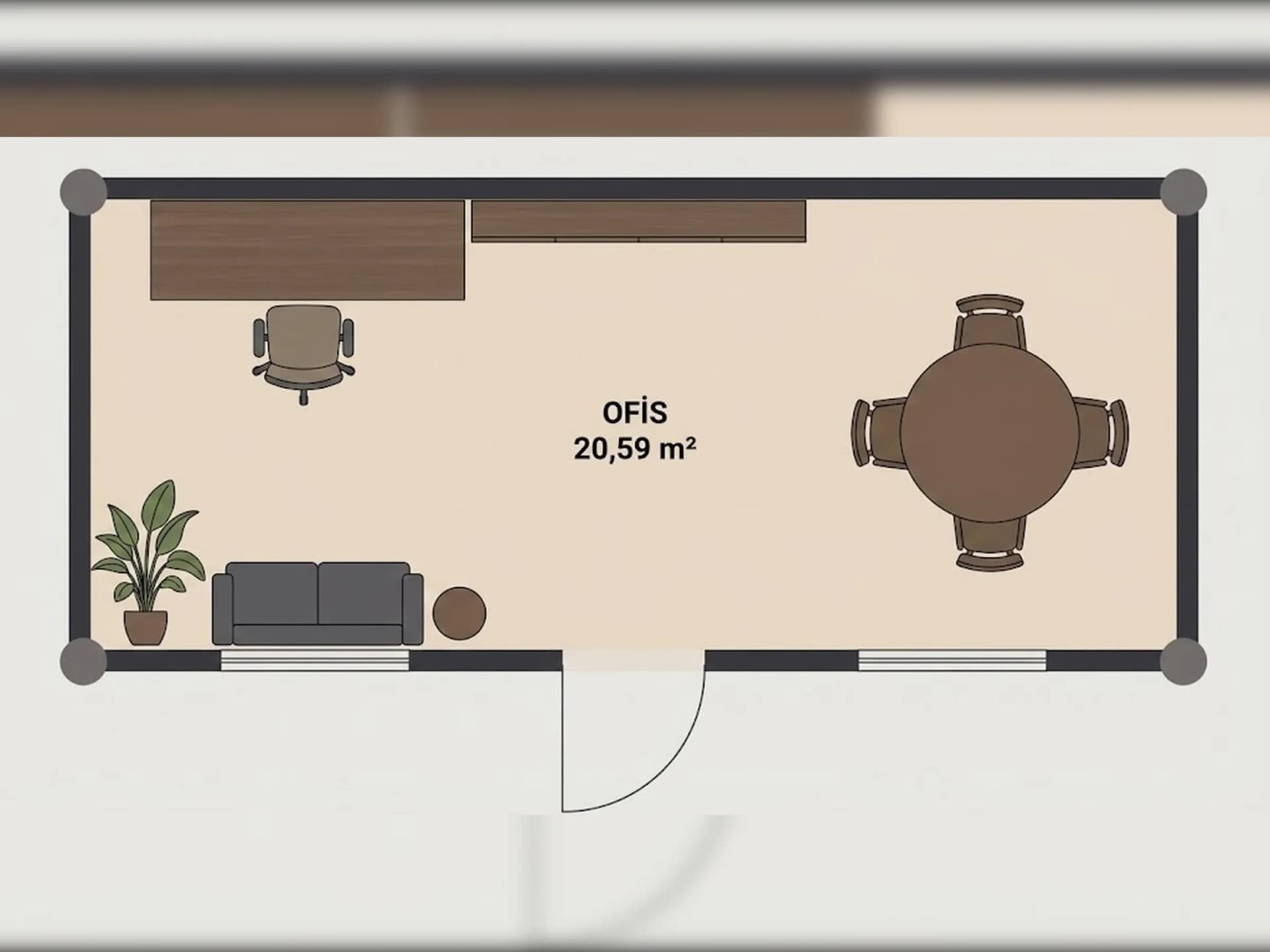 21 m2 şantiye konteyneri planı düz çatı yerleşim