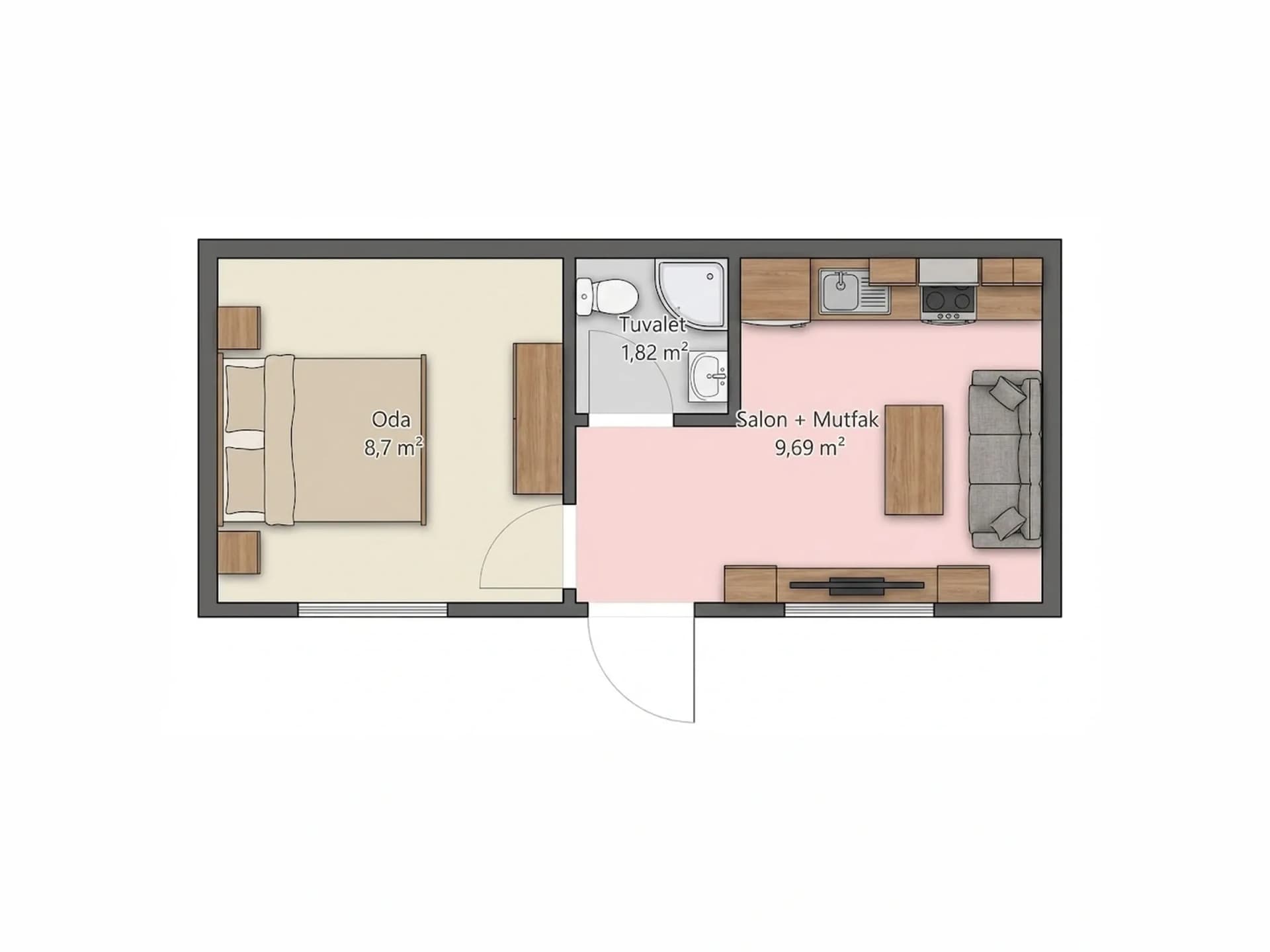 21 m2 konteyner ev planı 1+1 yerleşim şeması