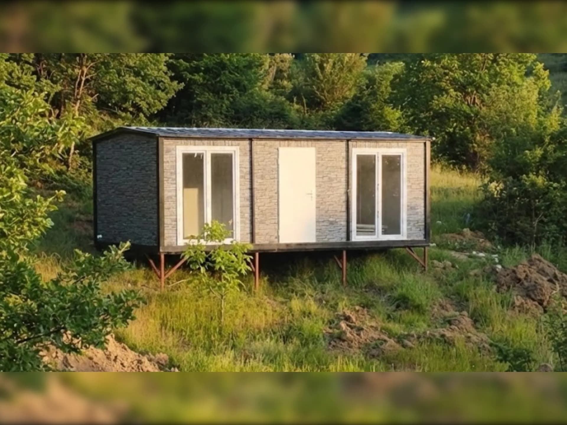 21 m2 gri taş desen Fransız doğrama konteyner ev dış görünüm