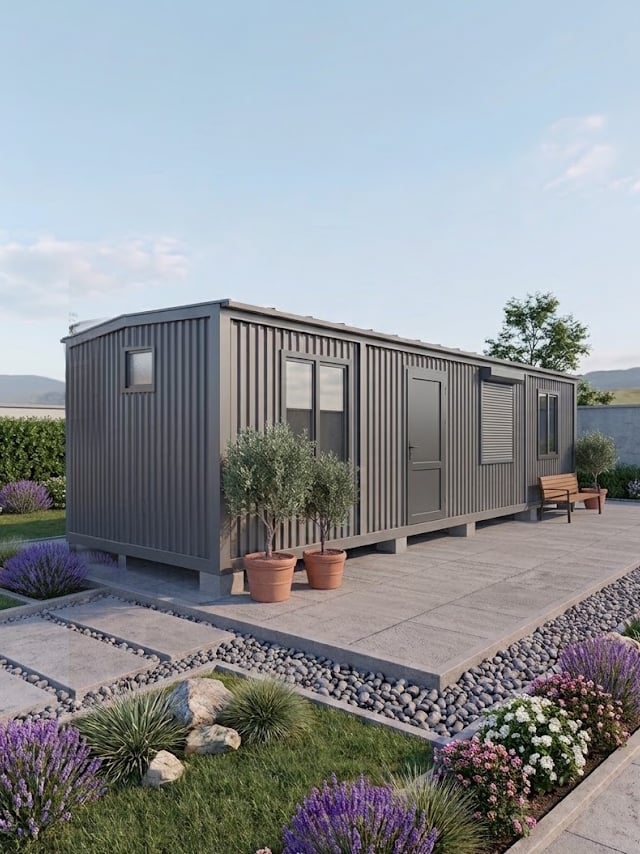 10x3 30 m² konteyner ofis ev antrasit gri panjurlu model görseli