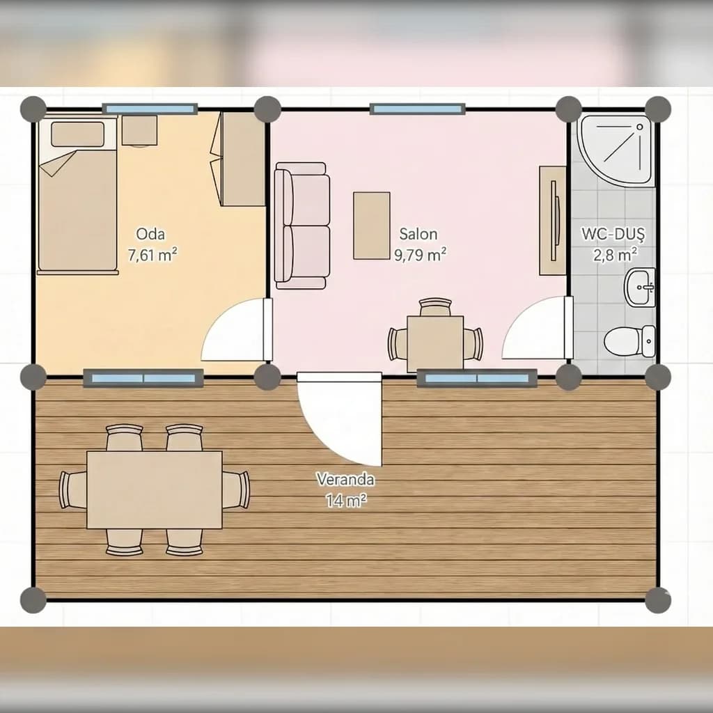 21m² Ev + 14m² Verandalı 35m² Konteyner Ev Projesi · Şile görsel 2