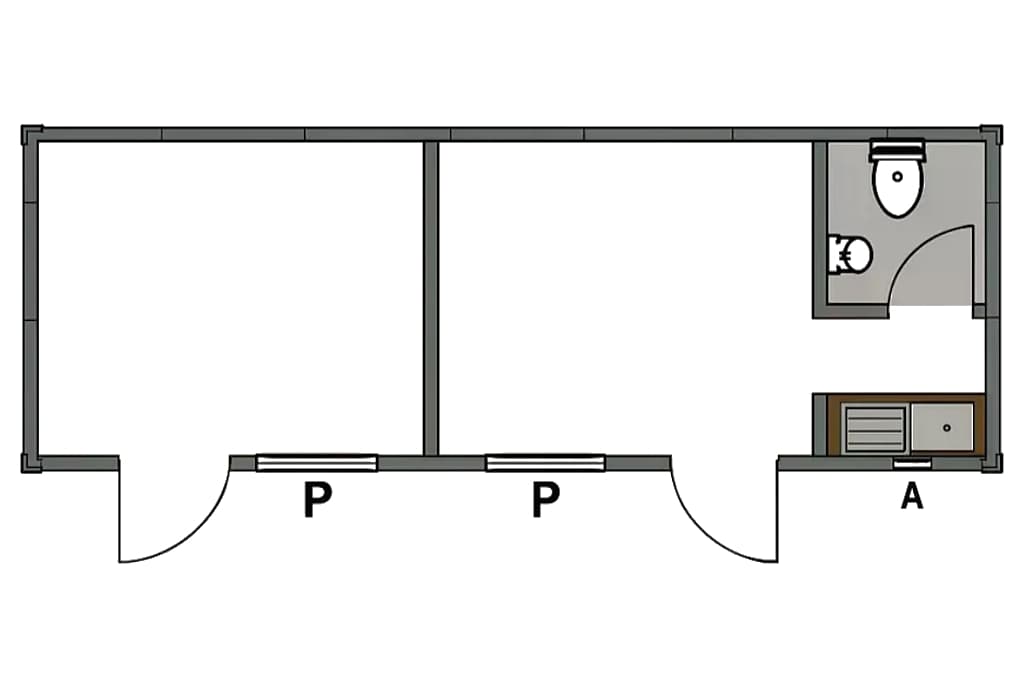 7.00 x 3.00 m 2 Bağımsız Odalı, WC & Mutfak Donanımlı Konteyner - Proje Üstten Çizimi
