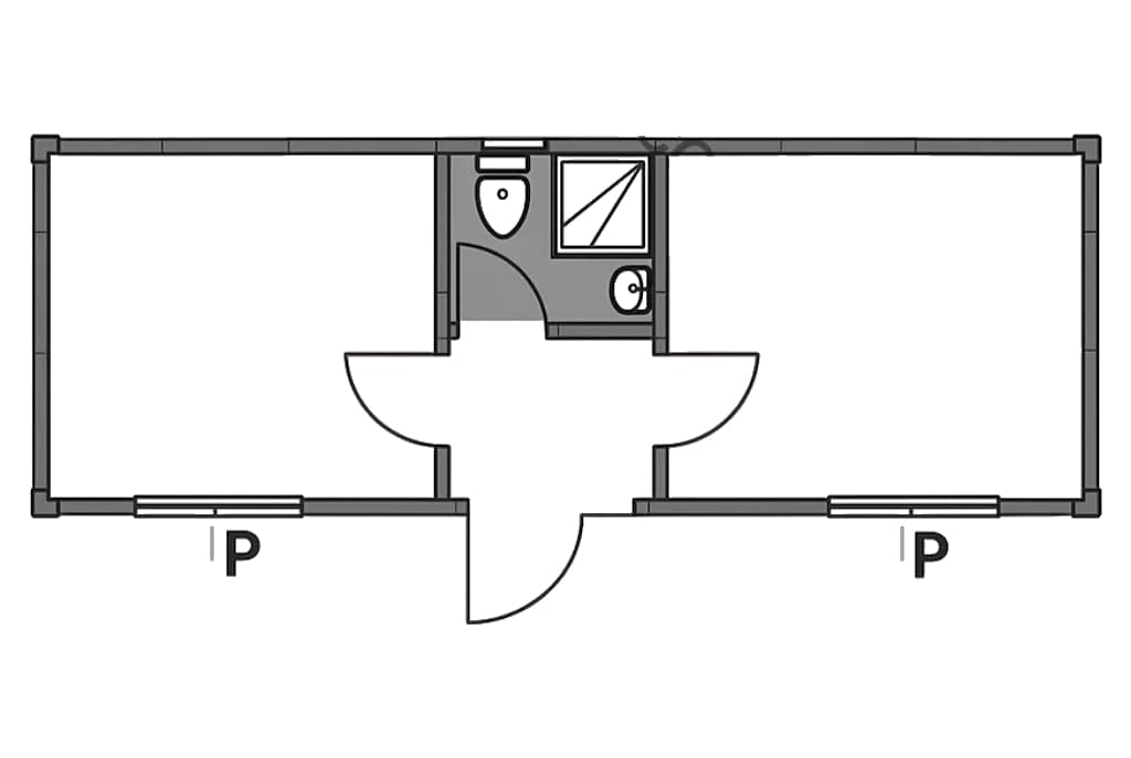 7.00 x 3.00 m 2 Odalı Ortadan Girişli, WC & Duşlu Konteyner - Proje Üstten Çizimi